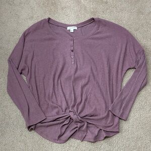 Treasure & Bond Ribbed Tie Front Henley Shirt in Mauve